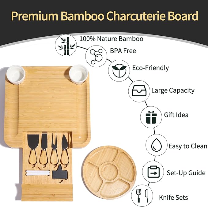 YZS Bamboo Charcuterie Boards Set -Unique Cheese Board with Accessories - Perfect for Housewarming, Weddings, Bridal Showers, Birthday Gifts, Parties, Eco-Friendly & Elegant Design