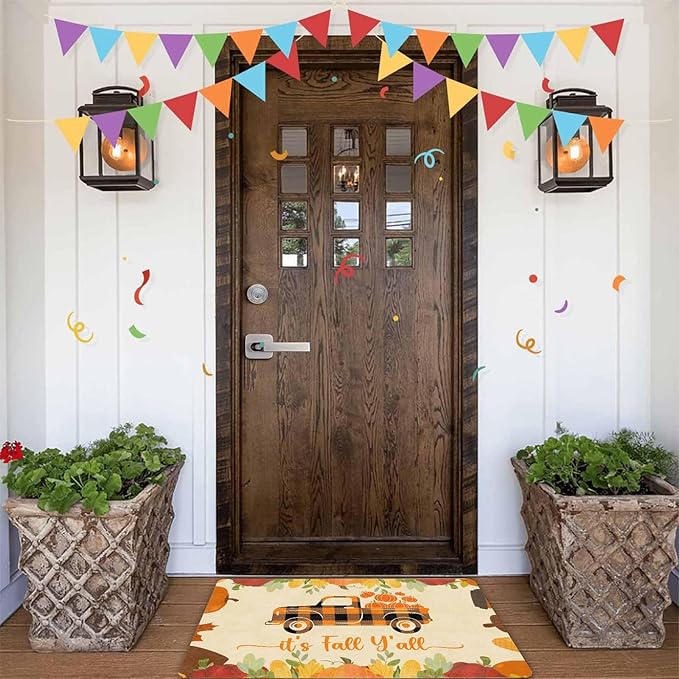 InterestPrint Thanksgiving Doormat Fall Welcome Buffalo Plaid Truck Door Mat Front Door Outdoor Doormat Outside Entrance Porch Non Slip Rubber Rug Autumn Halloween Thanksgiving Farmhouse Decor