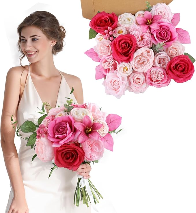 AmyHomie Fuchsia Pink Artificial Flowers Combo Silk Mix Peony Rose Fake Flowers w/Stem for DIY Wedding Bouquets Centerpieces Arrangements Table Fall Decor Party Bridal Baby Shower Home Decorations