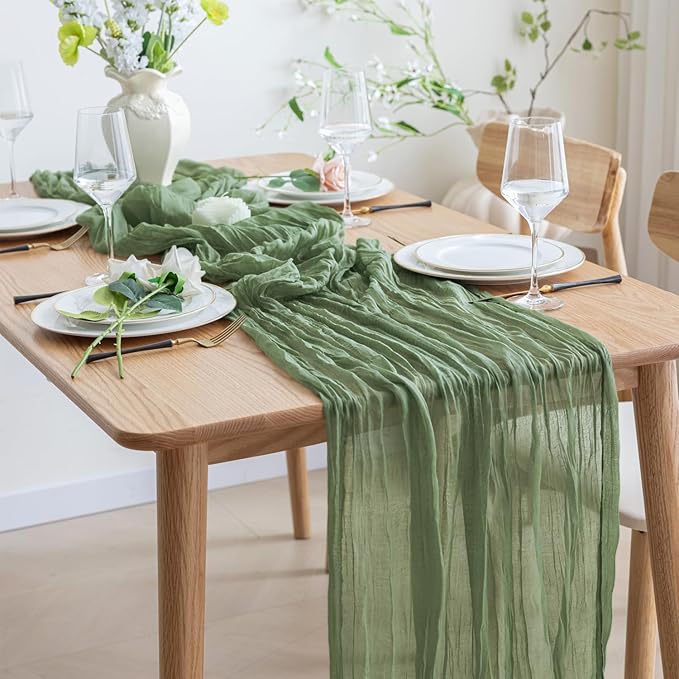 Asee'm Cheesecloth Table Runner 120 Inches Sage Green Boho Gauze Cheese Cloth Runner 10FT Rustic Sheer Fall Table Runners for Thanksgiving Wedding Baby Shower Holiday Party Decoration