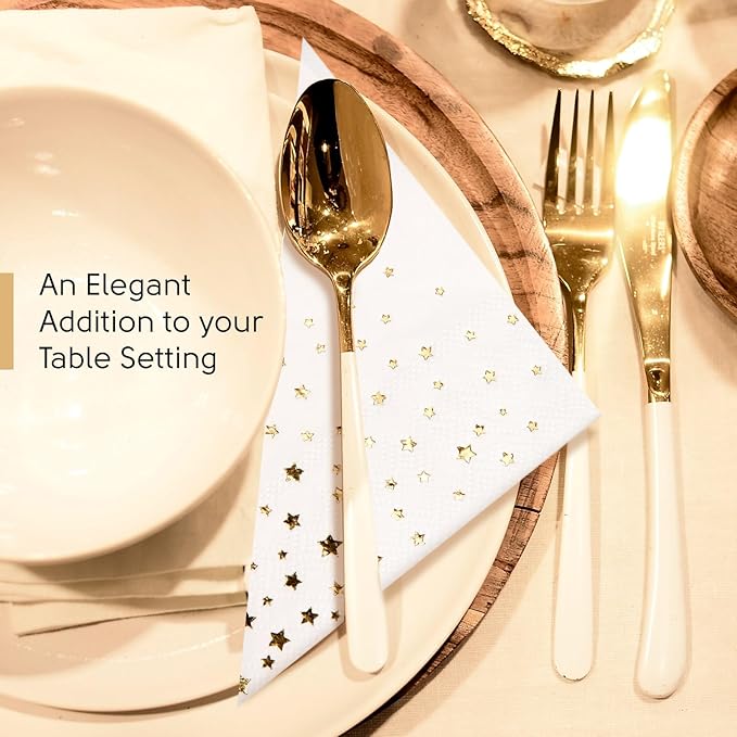 Stylish White and Gold Star Napkins - 50 Disposable Dinner Napkins, 6.5 x 6.5 Inch, Paper, Decorative for Parties