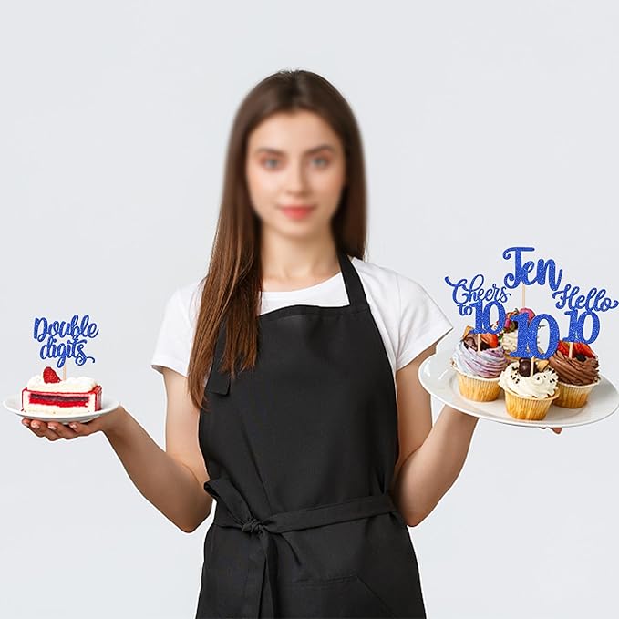 30PCS Happy 10th Birthday Cupcake Toppers Glitter Ten Double Digits Hello 10 Cupcake Picks Cheers to 10 Birthday Decorations for 10th Birthday Anniversary Party Cake Decorations Supplier Blue
