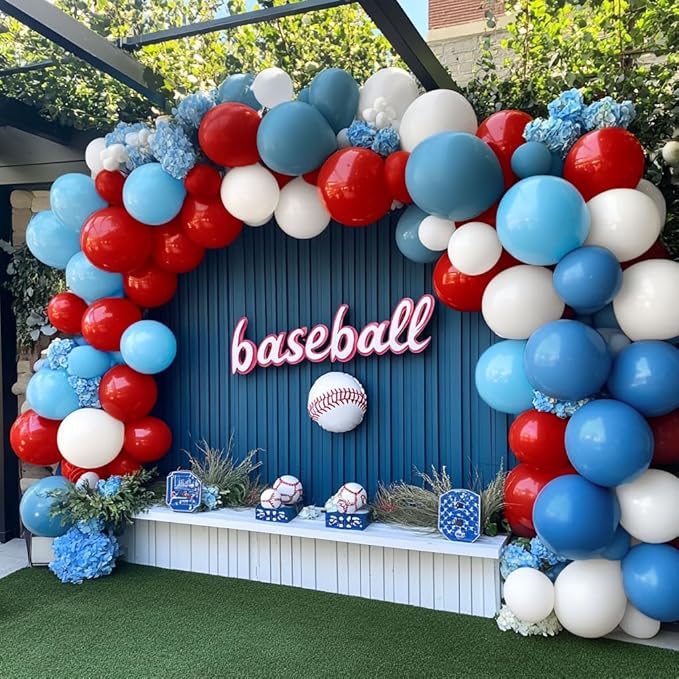 Red Blue White Balloon Arch Double Stuffed Navy Royal Dusty Blue Ruby Red Balloon Garland Kit with Latex for Birthday Baseball Baby Shower Nautical Graduation Veterans Day Party Decoration