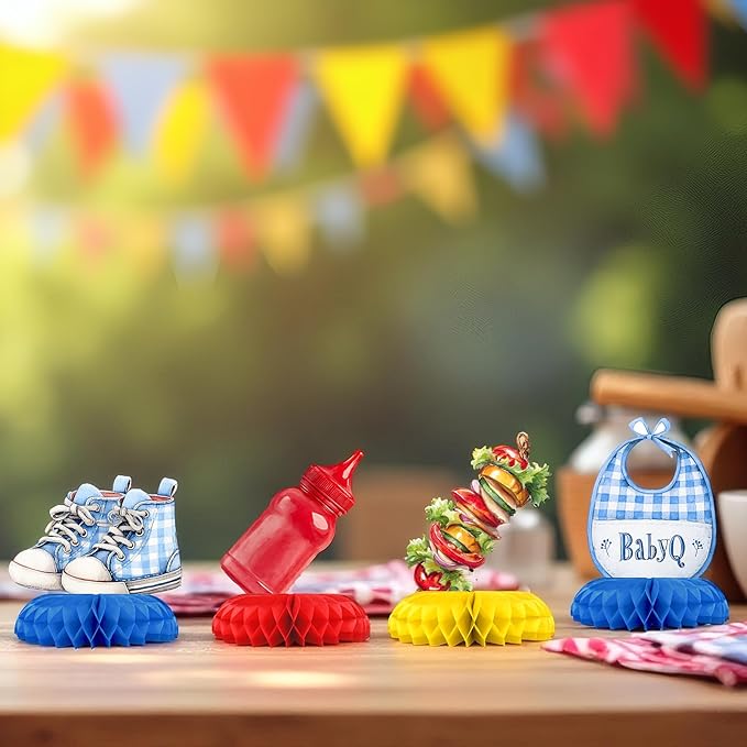 BabyQ Baby Shower Centerpieces – 12 PCS BBQ Honeycomb Table Decorations, Backyard Picnic Summer Baby Shower Décor