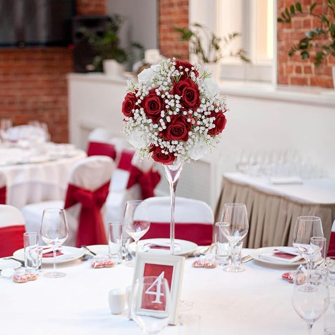 BLOSMON Fake Flowers Ball Wedding Centerpieces 2 Pcs Crimson Rose Babys Breath Artificial Flowers Center Pieces Decoration for Table Silk Kissing Floral Bouquet Arrangements for Home Party DIY Decor