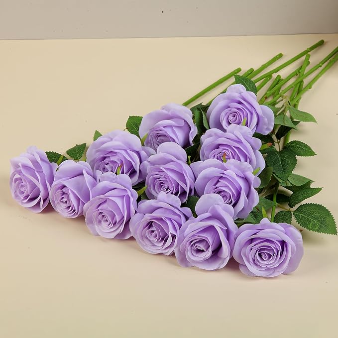 12pcs Light Lavender Roses Artificial Flowers Fake Roses Silk Flowers Roses with Long Stems for Wedding Home Party Centerpieces Decorations