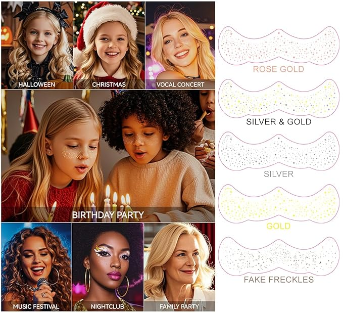12Pcs Glitter Freckles for Women, Long Lasting Waterproof Holographic Sparkle Temporary Face Tattoo Star Sticker Makeup Patches for Rave Musical Festival Accessories (SILVER & GOLD FRECKLES)