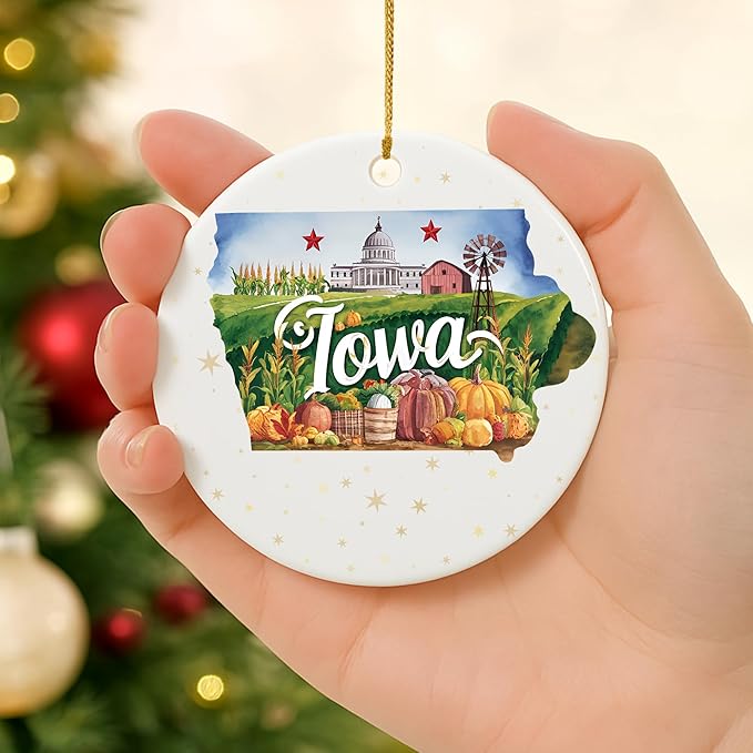 USA State Landmark Ceramic Ornament β Round Glossy Christmas Decoration Featuring U.S. State Art, Landmarks & Holiday Scenery β Collectible Travel Souvenir Ornament Series (Iowa)
