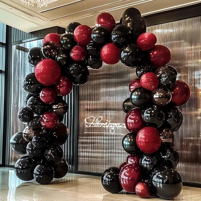 Black Red Balloon Arch Double Stuffed Black Burgundy Maroon Balloons Dark Ruby Red Metallic Balloon Garland Kit for Birthday Wedding Halloween Casino Anniversary Graduation Party Decoration