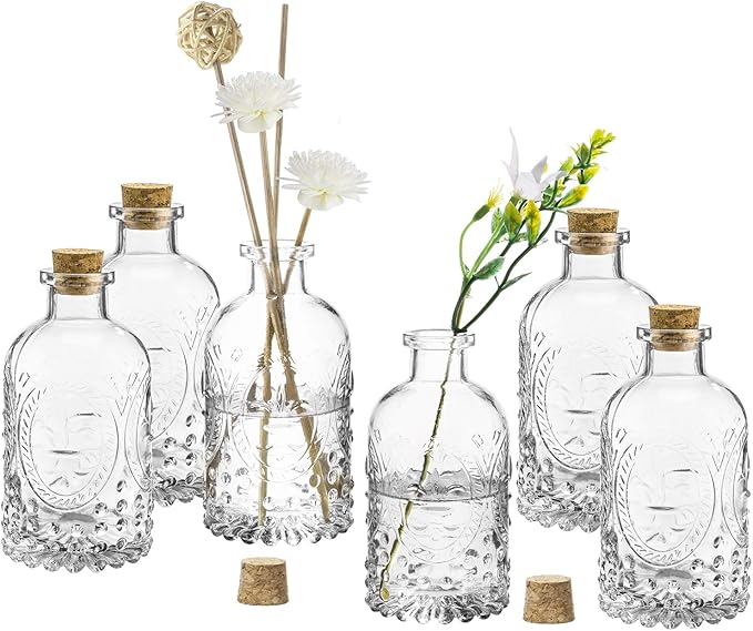 MyGift Vintage Design Embossed Fleur De Lis Clear Glass Bottles with Cork Lid, Apothecary Flower Bud Vases, Set of 6