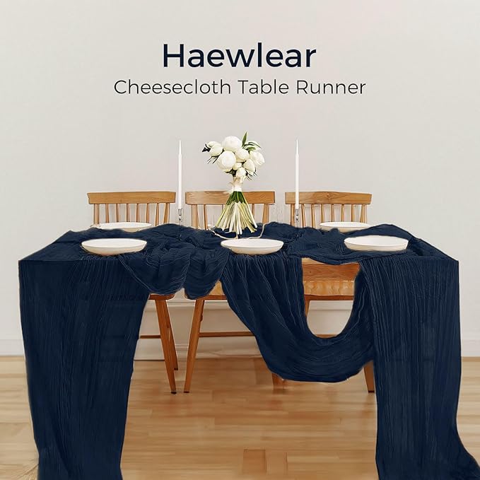 12 Pack Boho Gauze Cheesecloth Long Rustic Sheer Table Runner for Wedding Bridal Baby Shower Birthday Party Cake Table Arbor Decorations (Navy Blue)