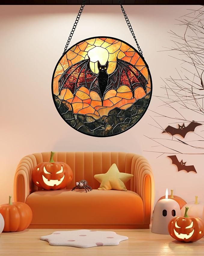 Stained Glass Window Hanging, Black Bat Sun Catcher for Door Home Decor Animal Suncatcher Christmas Mother's Day Birthday Gifts for Women Men Mom and Nana 7.8 in