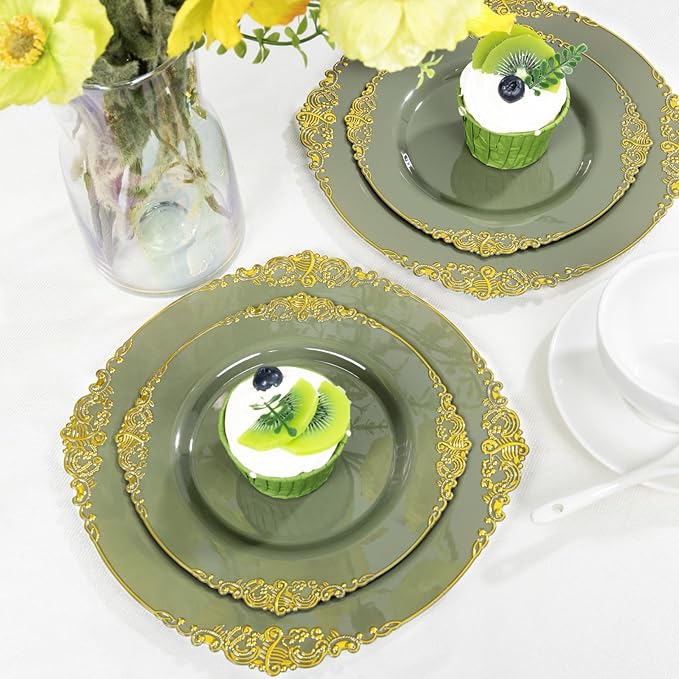 125PCS Olive Green Plastic Plates - Green and Gold Disposable Plates - Vintage Plate with Gold Plastic Silverware Sets for 25 Guests for Christmas & Party