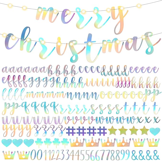 TaoBary 167 Pcs DIY Banner Kit Happy Birthday Glitter Banner Customizable Glitter Make Your Own Kit 162 Letters Symbols and Numbers 3 Rope for Birthday Halloween Wedding Christmas(Holographic)