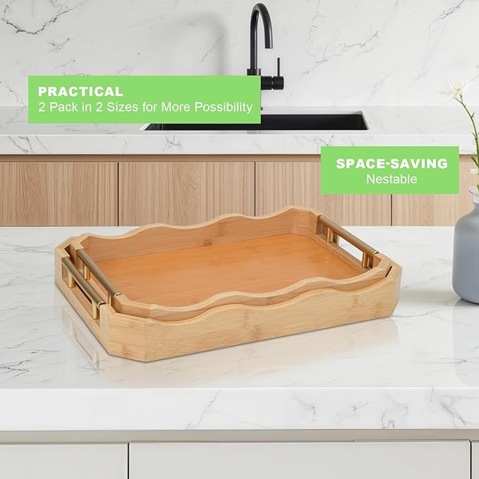 2 Pack Bamboo Trays with Handles - Decorative Stackable Ottoman & Serving Trays for Coffee Table, Breakfast in Bed, Couch Snacking, Home Decor (Varnished)
