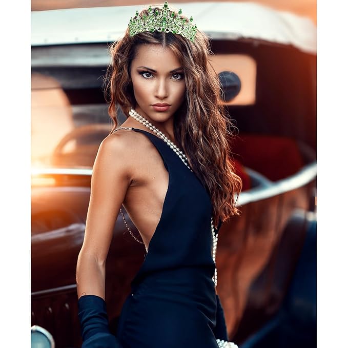 VELSCRUN Birthday Queen Tiara Crowns for Women Girls Green Crystal Birthday Queen Headband Sash Elegant Princess Crown Happy Birth Party Decorations Mom Sisters Birth Gift Hair Accessories