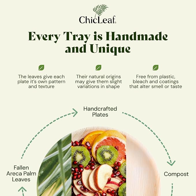 Chic Leaf 100% Compostable Disposable Palm Leaf Tray - Paper Plates Alternative - Thanksgiving Dinner Charcuterie Boards Accessories - Round Disposable Bamboo Plates (9'' x 6'' Party Pack, 50 Count)