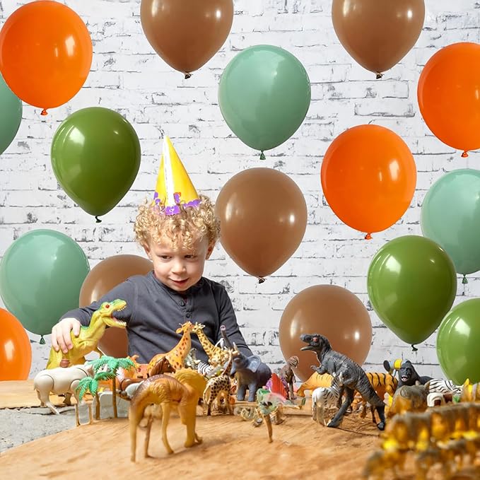 Sage Green Orange Balloons Set, 12 Inch Olive Green Orange Balloons with Nude Coffee Green Brown Latex Balloons Dinosaur Theme Party Decoration for Jungle Safari Wild Woodland Garden Outdoor Party