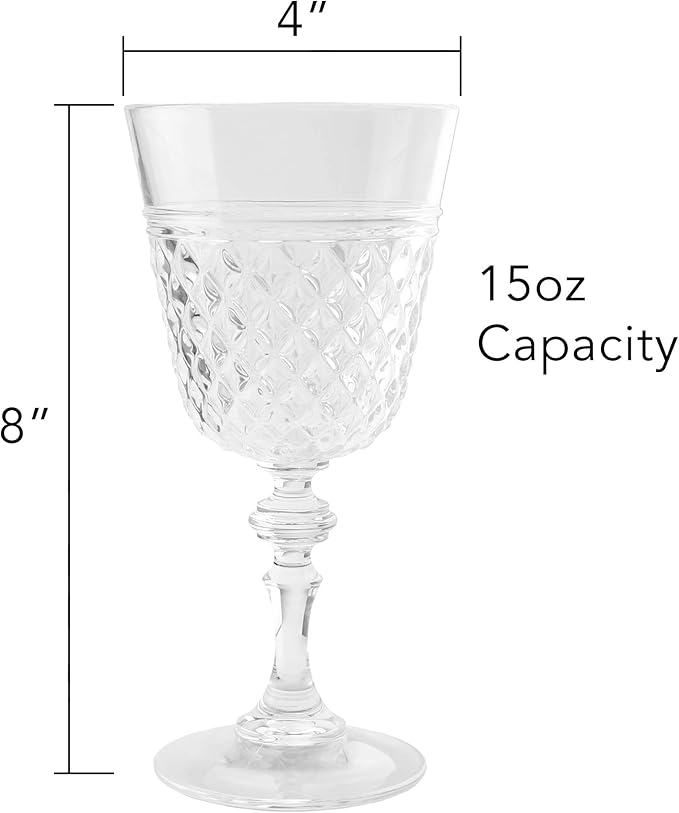 PG Plastic Wine Glasses 15oz - Set of 4 Clear Acrylic Water Glasses - Plastic Tumblers, Safe & Reusable, Drinkware for Indoor & Outdoor Glassware