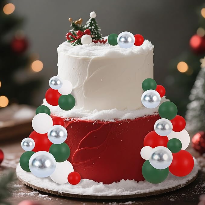 BEISHIDA 40 Pcs Ball Cake Toppers Red Green White Silver Sticks Foam Balls DIY Cake Topper Insert Balls Cake Decorations for Baking Christmas Party Decorations(Red, Green, White, Silver)