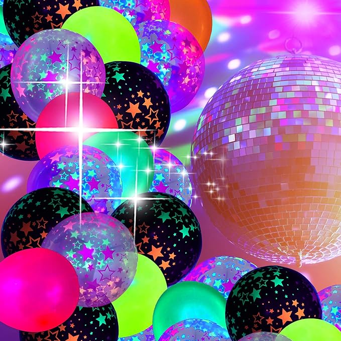 90 Pcs UV Neon Balloons ,Neon Stars Glow Party Black Light in the dark for Birthday Decorations Wedding Supplies Blacklight Carnival Reactive Fluorescent
