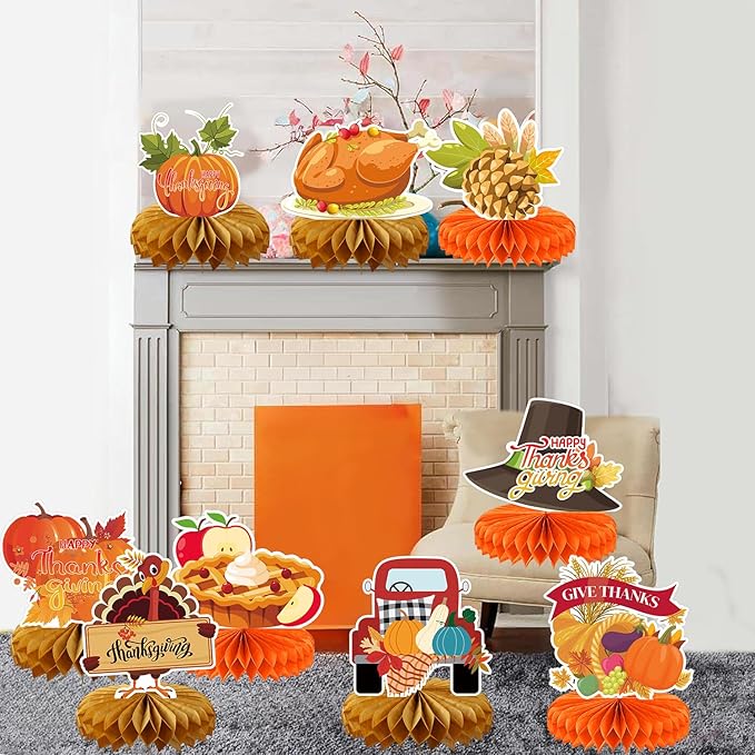 9Pcs Thanksgiving Centerpiece Fall Centerpiece Table Decorations Pumpkin Turkey Honeycomb Thanksgiving Table Centerpiece for Thanksgiving Table Decoration Autumn Theme Birthday Party Supplies