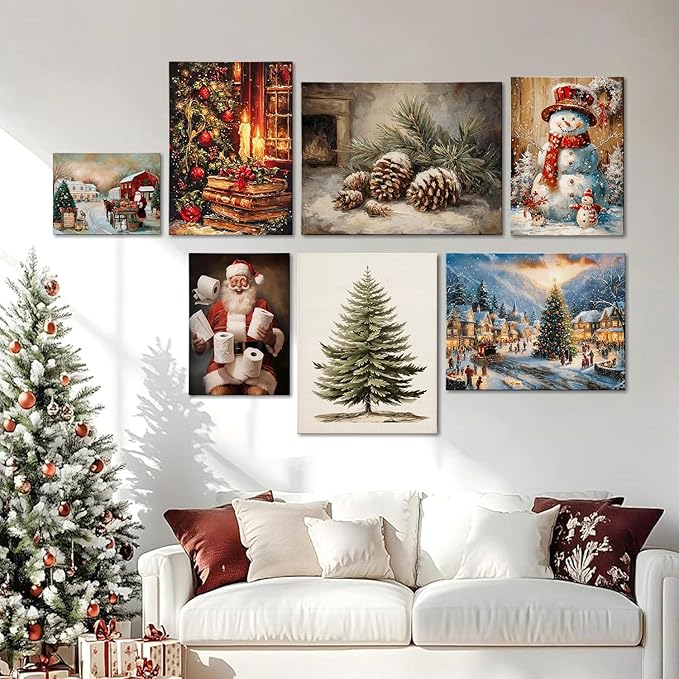 Funny Santa Christmas Canvas Wall Art for Bathroom, Humorous Framed Canvas Prints Ready to Hang, Unique Christmas Gifts for Home & Office Christmas Decorations
