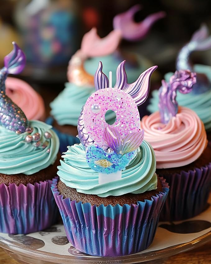 Mermaid Themed Birthday Candles, Number 9 Girls Glitter Birthday Party Supplies,Anniversary Party Decor,2.87 inch Cake Topper Decorations (Mermaid Themed, Number 9)