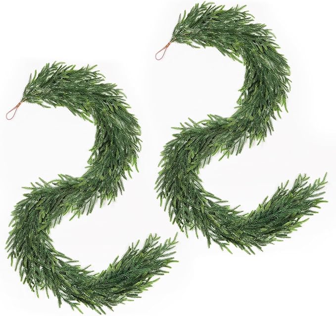12FT(2 * 6FT) Christmas Norfolk Pine Garland, Real Touch Faux Green Garlands, Winter Artificial Greenery Garland for Mantle, Stairs, Table, Fireplace, Indoor & Outdoor Xmas Decorations