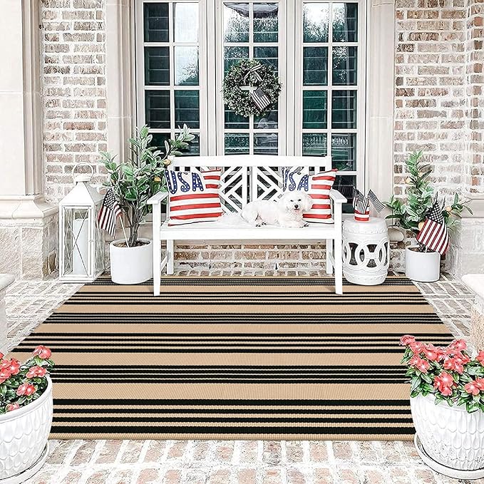 KIMODE Indoor Outdoor Rug 4'x6',Washable Reversible Black and Khaki Striped Rug,Cotton Hand Woven Patio Rug Floor Carpet, Farmhouse Fall Porch Rug Autumn Decor for Outdoor Backyard Living Room