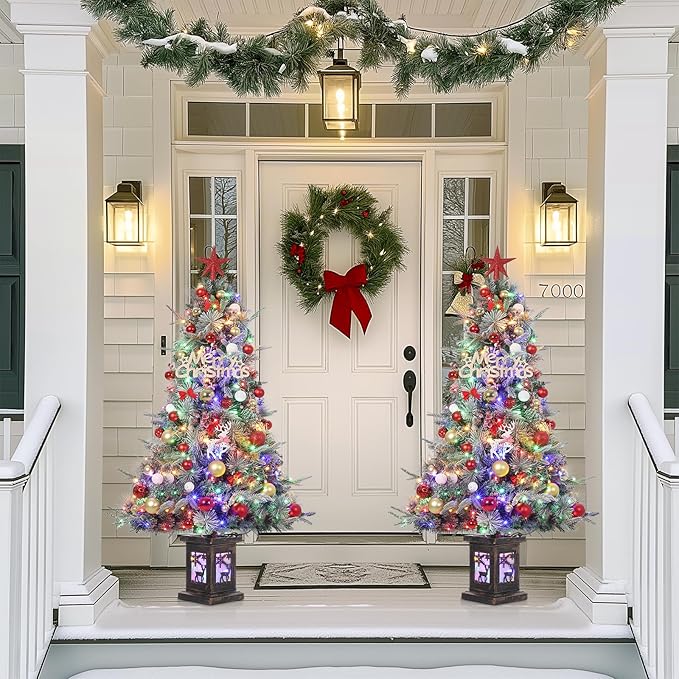 GarveeHome 4.5ft Prelit Christmas Trees with 150 Two-Color Lights & 20 Clusters Red Berry, Artificial Potted Xmas Tree with 8 Light-Modes, Elk Base, Holiday Decor, 1 PCS