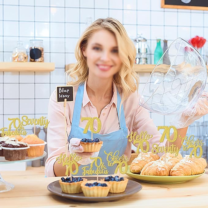 30PCS Happy 70th Birthday Cupcake Toppers Glitter Hello 70 Fabulous Seventy Cheers to 70 Years Old Birthday Cupcake Picks for Happy 70th Birthday Anniversary Party Cake Decorations Supplies Gold