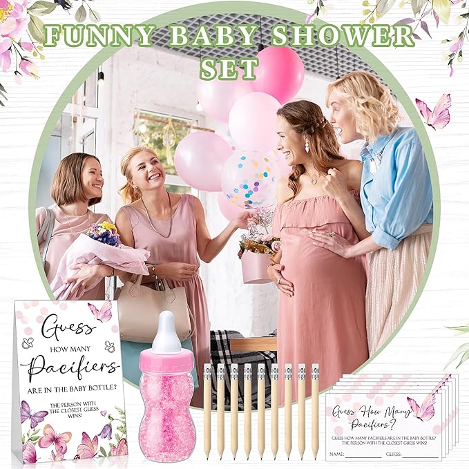Roowest 512 Pcs Baby Shower Games Guess How Many Pacifiers Sign 100 Small Guessing Games 10 HB Pencils 750ml Milk Bottle 400 Acrylic Pacifiers Decoration for Guest Gender Reveal(Pink,Butterfly)