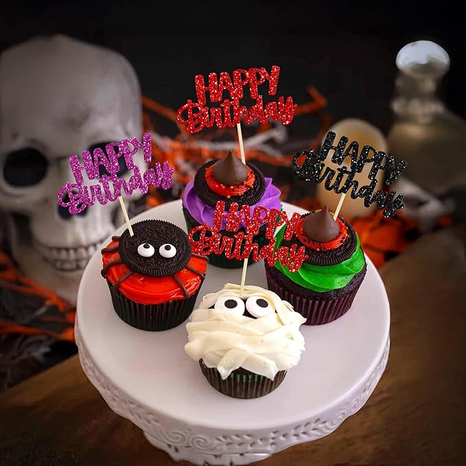 Gyufise 24Pcs Happy Birthday Cupcake Toppers Glitter Birthday Cupcake Food Picks for Celebrating Happy Halloween Theme Party Cake Decorations Supplies Black Purple Red