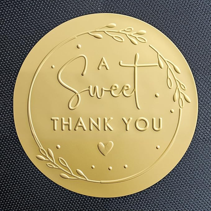 100 x A Sweet Thank You Stickers – Embossed Gold Matte Labels – Round Wedding Favor Stickers for Dessert, Candy & Snack Bags – Elegant Party Favor Seals, 1.6 Inch