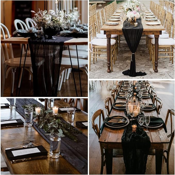 12 Pack Black Table Runner Cheesecloth 10FT Boho Gauze Fabric Table Runner 35 x 120 Inch Rustic Sheer for Centerpiece Wedding Decor Baby Shower Party Boho Decoration(Black)