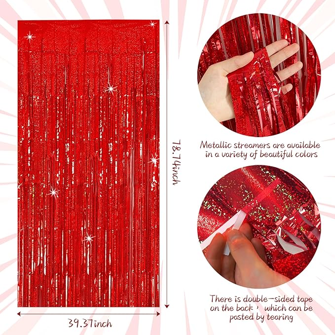Tinsel Curtain Party Backdrop Red Birthday Decorations 2 Packs Glitter Foil Fringe Curtain Party Decor Streamers Photo Booth for Birthday Christmas Wedding Halloween Graduation Decorations