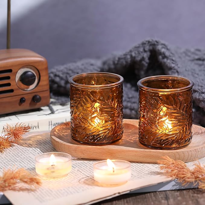 24 pcs Amber Votive Candle Holders, Tea Light Candle Holders for Wedding Centerpieces, Glass Candle Holder for Vintage Home Christmas Decoration Party Supplies