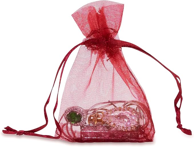 TheDisplayGuys 48-Pack 2" x 2-3/4" Maroon Sheer Organza Gift Bags with Drawstring, Jewelry Candy Treat Wedding Party Favors Mesh Pouch