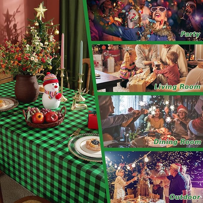 Buffalo Plaid Vinyl Christmas Tablecloth Rectangle 52 x 70 Inch with Flannel Backing, Waterproof & Anti Slip Plastic Tables Cloths, Heavy Duty Table Cover for Winter, Party & Holiday, Green and Black