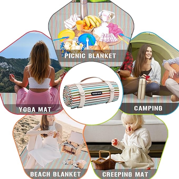 G GOOD GAIN Waterproof Picnic Blanket Portable with Carry Strap for Beach Mat or Family Outdoor Camping Party(Vibrant)
