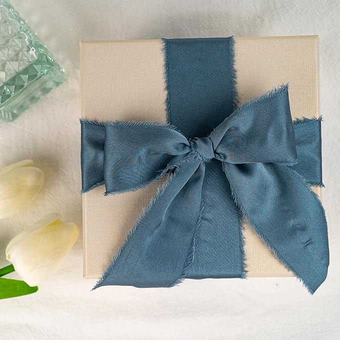 Satin Silk Ribbon, Dusty Blue Ribbon for Wrapping, 1-1/2 inch x 15 Yd Handmade Frayed Fringe Ribbon, for Wedding Engagement Birthday Showers Crafts Flower Bouquet Invitation Decor, 3 Rolls