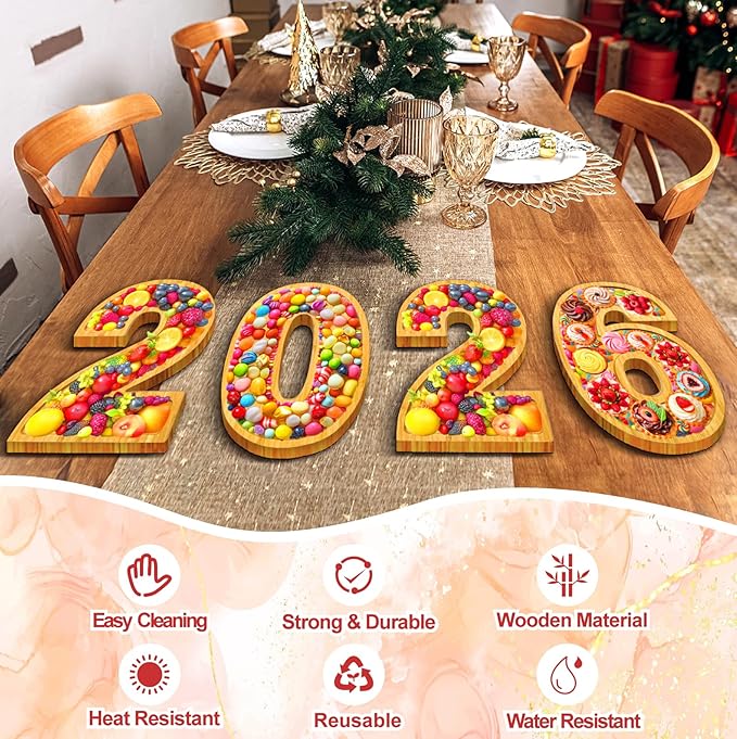 4 PCS 2026 Charcuterie Boards Wooden Numbers Fillable Boxes Reusable Christmas Serving Tray for Party Tabletop Decoration Fruits Platters Dish Plates for Birthday Wedding 2026 New Year Holiday Supply