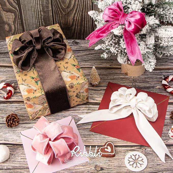 Ribbli Dark Brown Velvet Wired Ribbon 1.5 Inch Velvet with Satin Christmas Ribbon for Gift Wrapping Christmas Tree Decoration Crafts Wreaths Supplies-Continuous 10 Yards