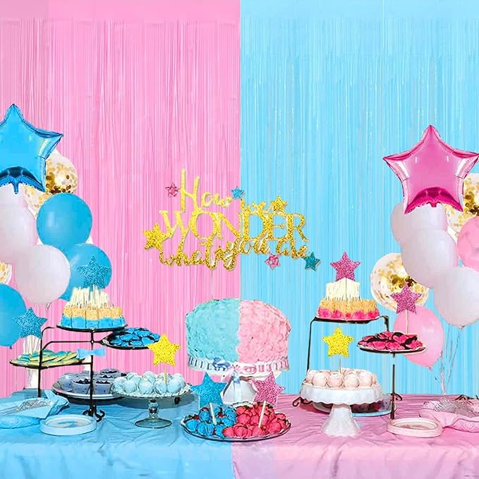 4 Pack 3.2Ft x 9.8Ft Macaron Pink Blue Foil Fringe Curtain Backdrop, Metallic Tinsel Foil Fringe Streamers for Photo Booth, Wedding, Gender Reveal Backdrop Boy or Girl Birthday Party Decoration