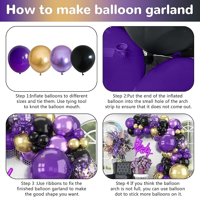 Purple Black and Gold Balloon Arch Kit Dark Purple and Gold Metallic Black Confetti Party Latex Balloons Garland for Women Wednesday Birthday Baby Shower Wedding Engagement Party Decorations