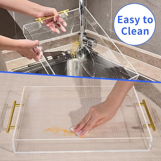 NIUBEE Clear Serving Tray 12x16 Inches -Spill Proof- Acrylic Decorative Tray Organiser for Ottoman Coffee Table Countertop with Round Handles