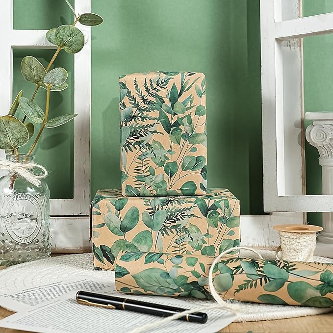 WRAPAHOLIC Kraft Eucalyptus Leaves Wrapping Paper Roll - Mini Roll - 17 Inch x 16.5 Feet - Greenery Wrapping Paper Perfect for Birthday, Wedding, Bridal Shower