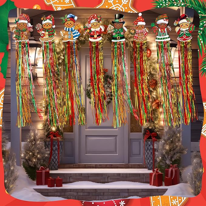 8pcs Christmas Windsocks Outdoor Hanging Decorations with Tassels Gingerbread Yard Signs for Outside 3.3ft Xmas Decorative Signs for Wall Tree Home Lawn Yard Party Supplies Garden Decor