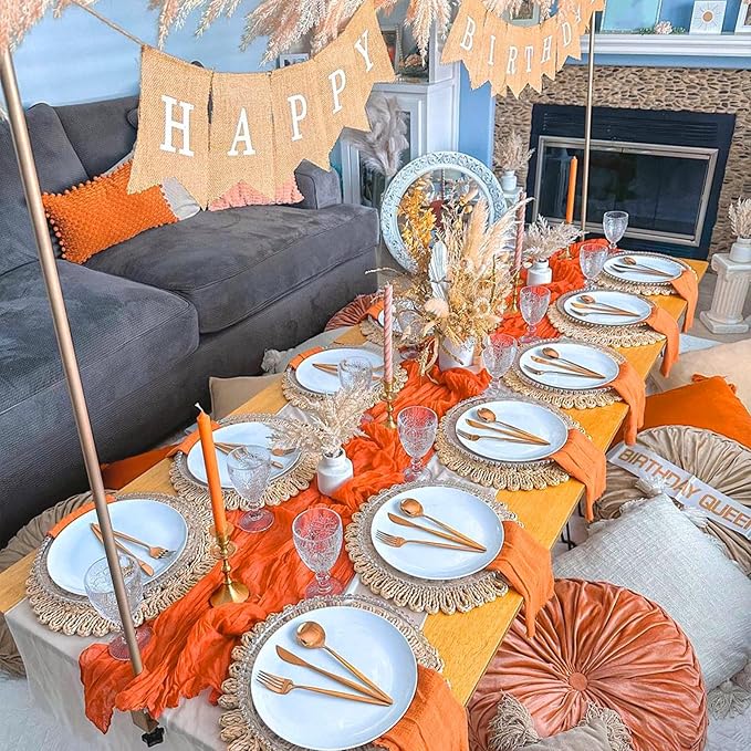 12 Pack Fall Table Runner Orange Cheesecloth Table Runner 10FT Boho Cheese Cloths Gauze Fabric 120 Inch Rustic for Thanksgiving Wedding Birthday Party Baby Shower Decorations